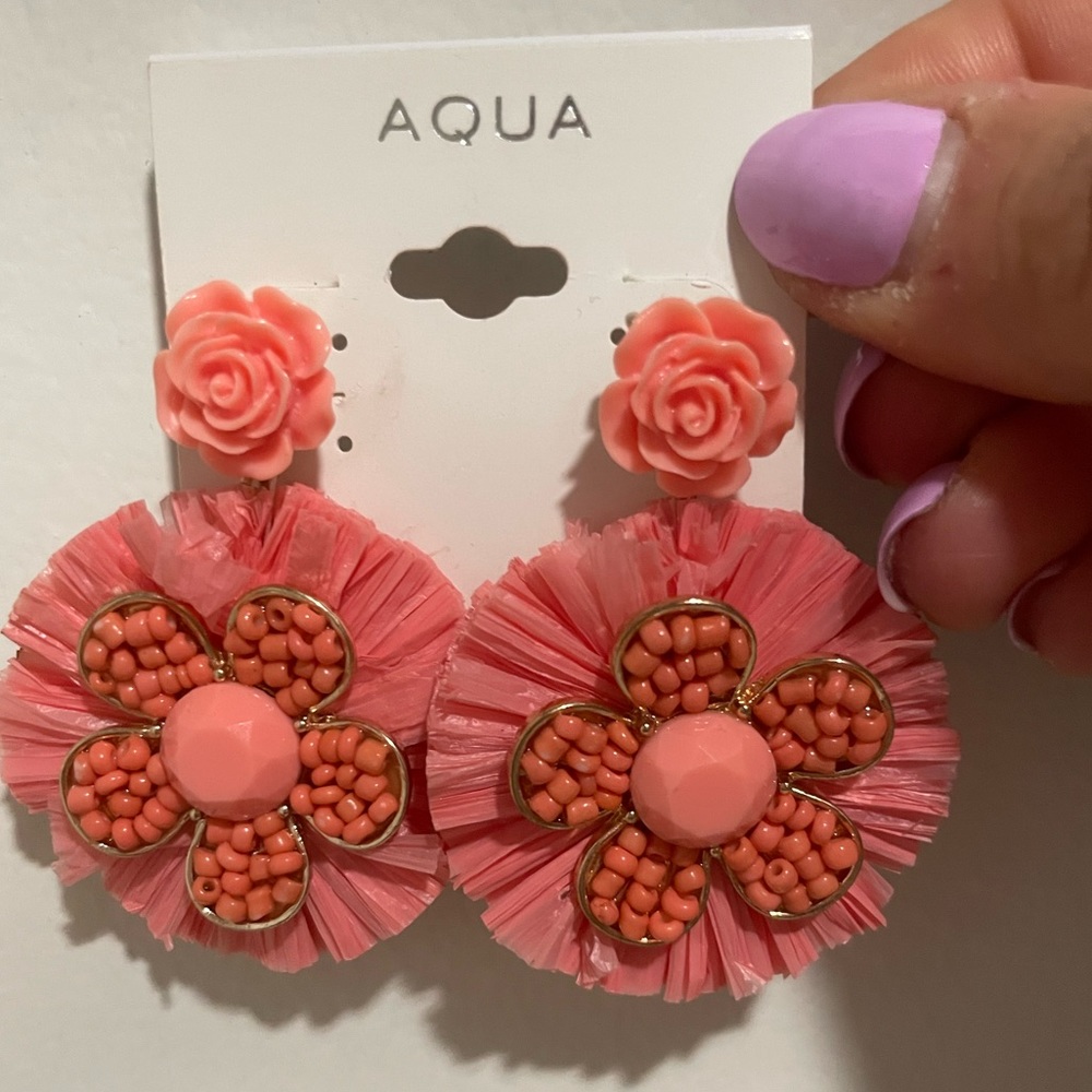 Aqua peach/salmon colored flower drop earrings